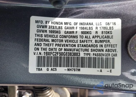 2016 Honda Civic Lx from USA, damaged, VIN 19XFC2F50GE083883